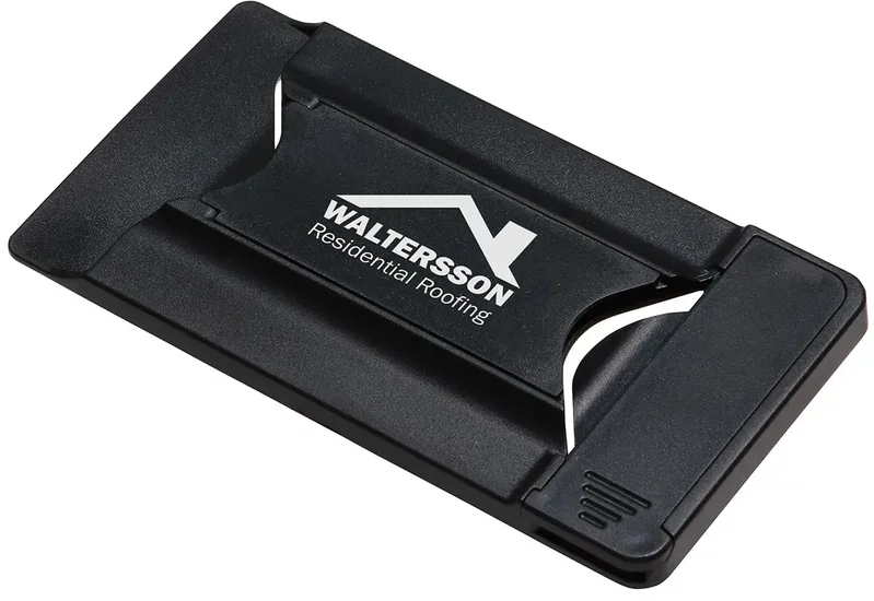 Branded phone wallet stuck to a phone back holding cards
