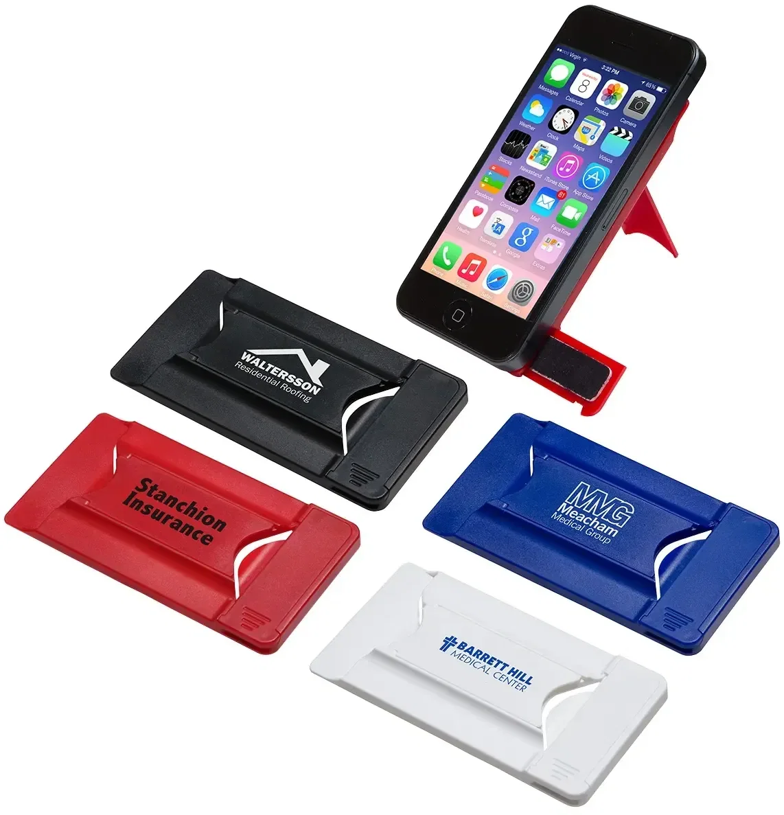 Custom Smart Mobile Wallet with pop-out stand, branded phone card holder front view