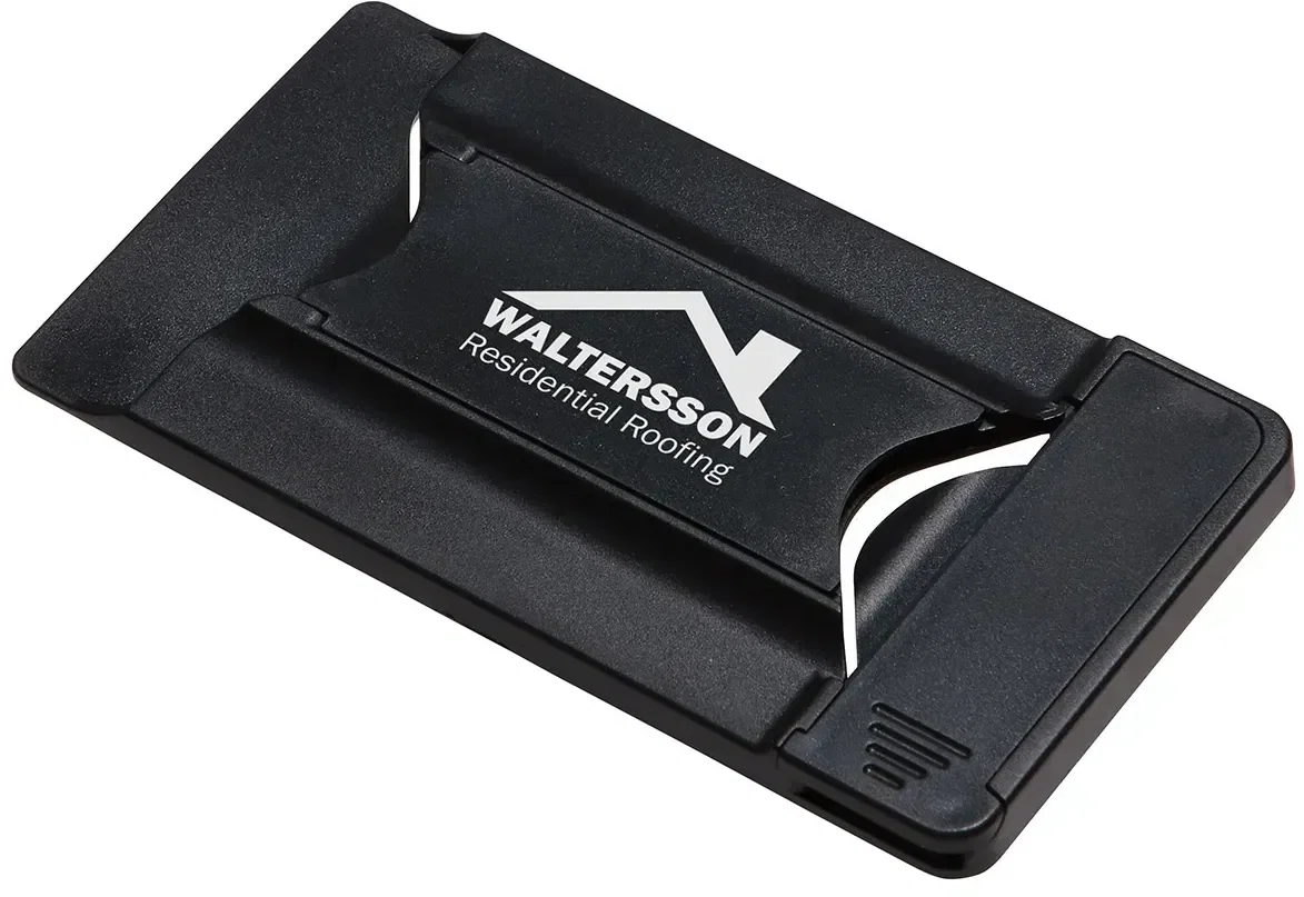 Branded phone wallet stuck to a phone back holding cards