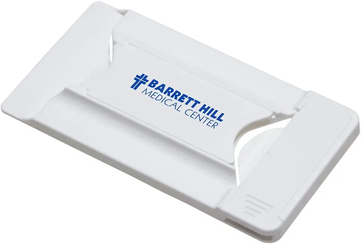 Custom mobile wallet with pop-out stand propping up a phone screen