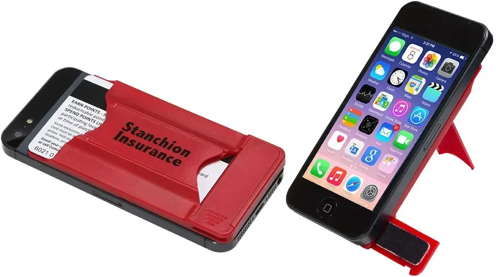 Promotional phone card holder side profile showing adhesive backing
