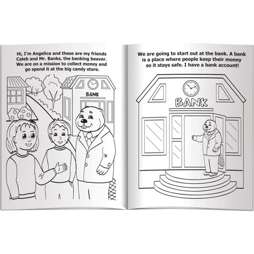 Smart Money! Smart Kids! coloring book open interior line-art pages