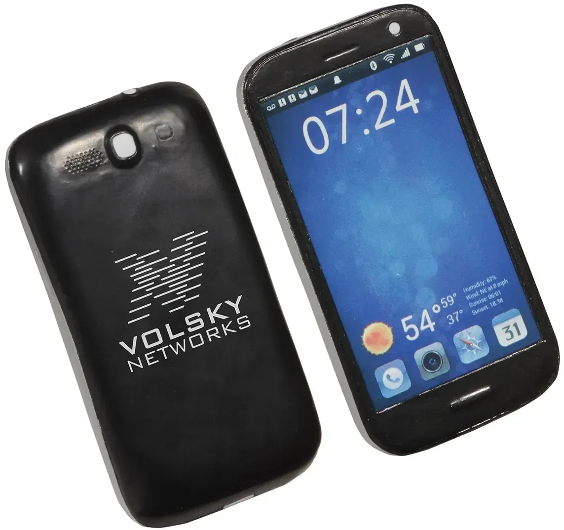 Smartphone Stress Reliever side profile showing the custom logo imprint area on the branded squeeze toy