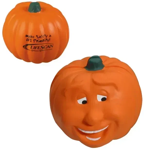 Smiling Pumpkin custom stress ball with grinning face, branded fall festival and Halloween promotional logo giveaway