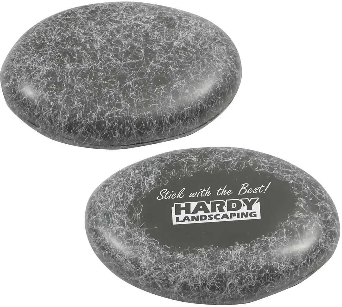River rock-shaped custom stress reliever squeeze toy with logo branding, front view