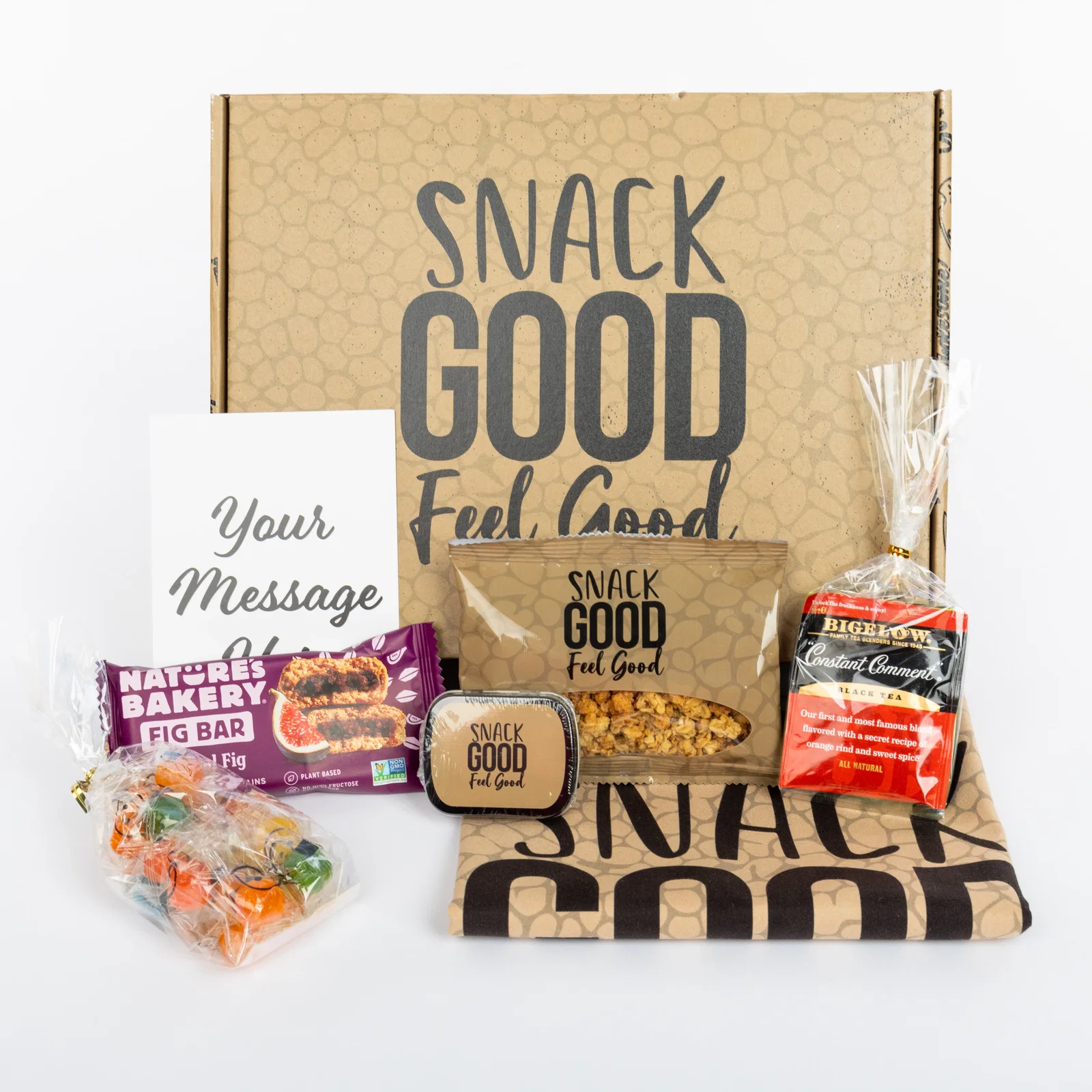 Clear bags of treats lined up across a plain surface