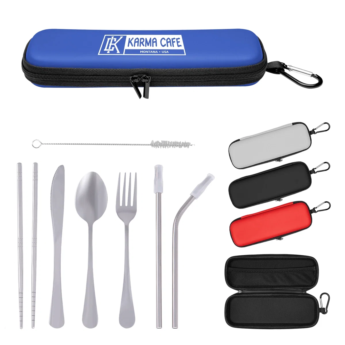 Compact travel utensil set shown closed, about eight inches wide
