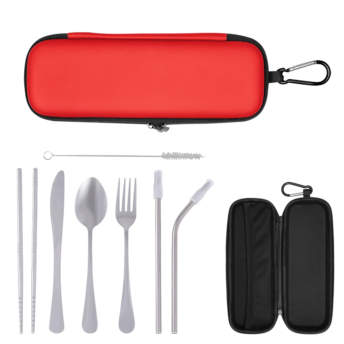 Angled view of the travel set showing its slim profile