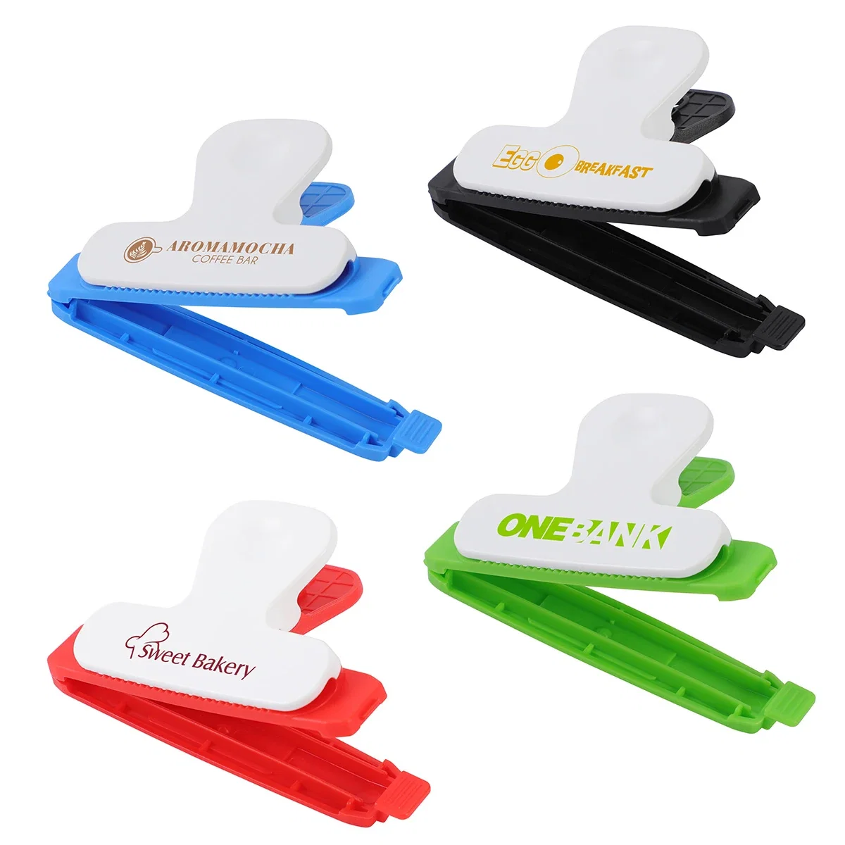 Custom Snap-Lock Bag Clip, front view of the branded clip