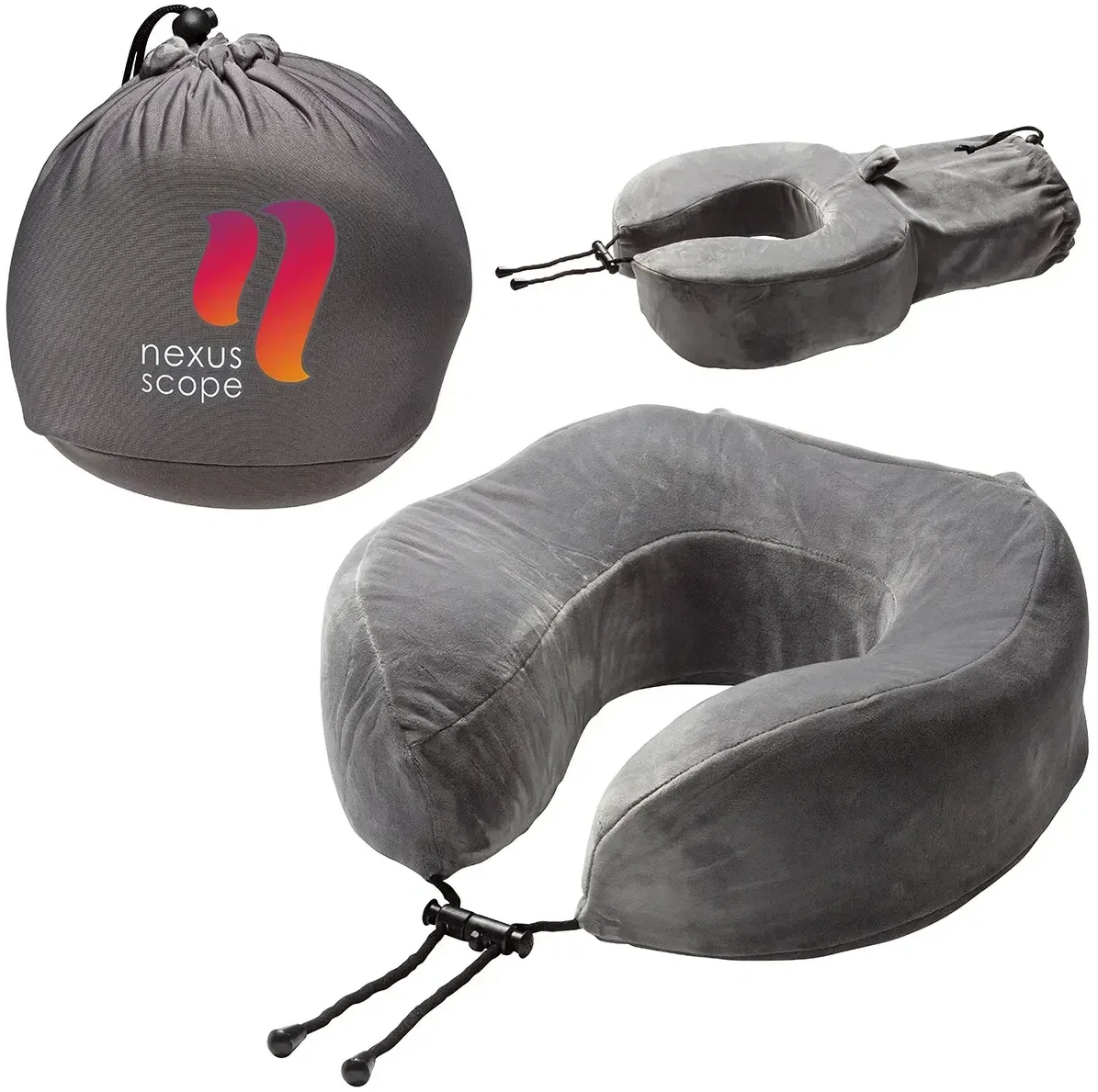 Snuggle custom memory foam neck pillow, branded travel pillow with plush polyester shell, front view