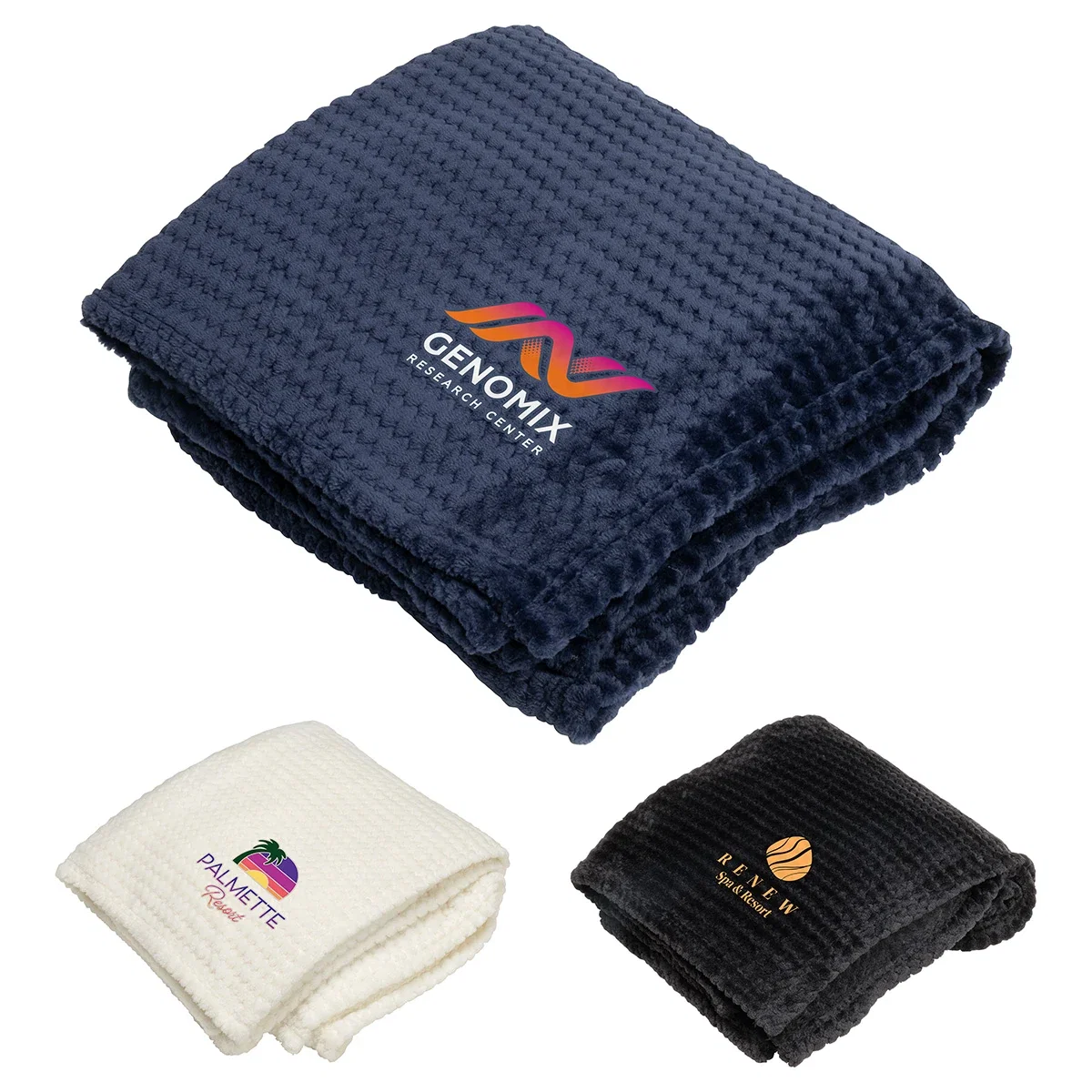 Custom Snuggle Up Soft-Textured Blanket, front view of the folded branded blanket