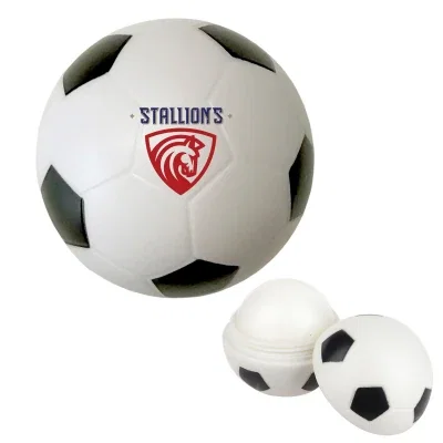 Round lip moisturizer shaped like a miniature soccer ball