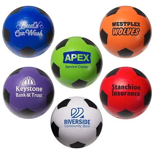 Soccer ball-shaped stress reliever with custom logo, promotional branded squeeze toy for clubs