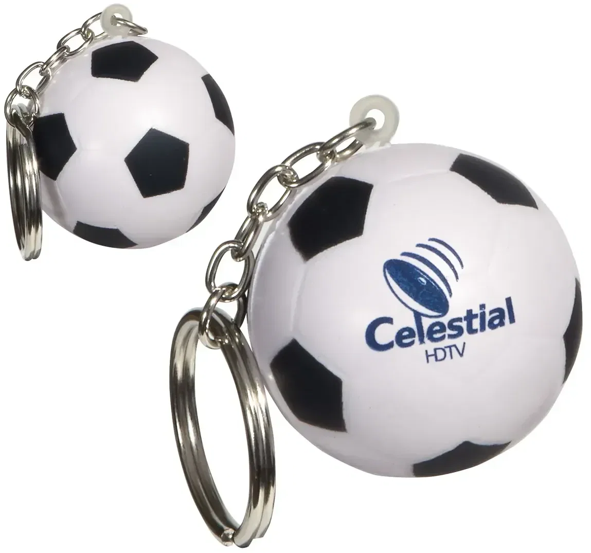 Soccer Ball custom stress reliever key chain with logo imprint area, branded sports and league promotional giveaway