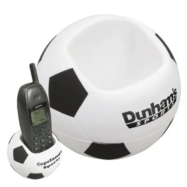 Soccer ball shaped desktop bin stress reliever, 3.25 inches in diameter