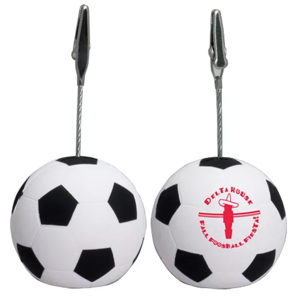 Soccer ball shaped stress ball memo holder, 2.25 inch diameter
