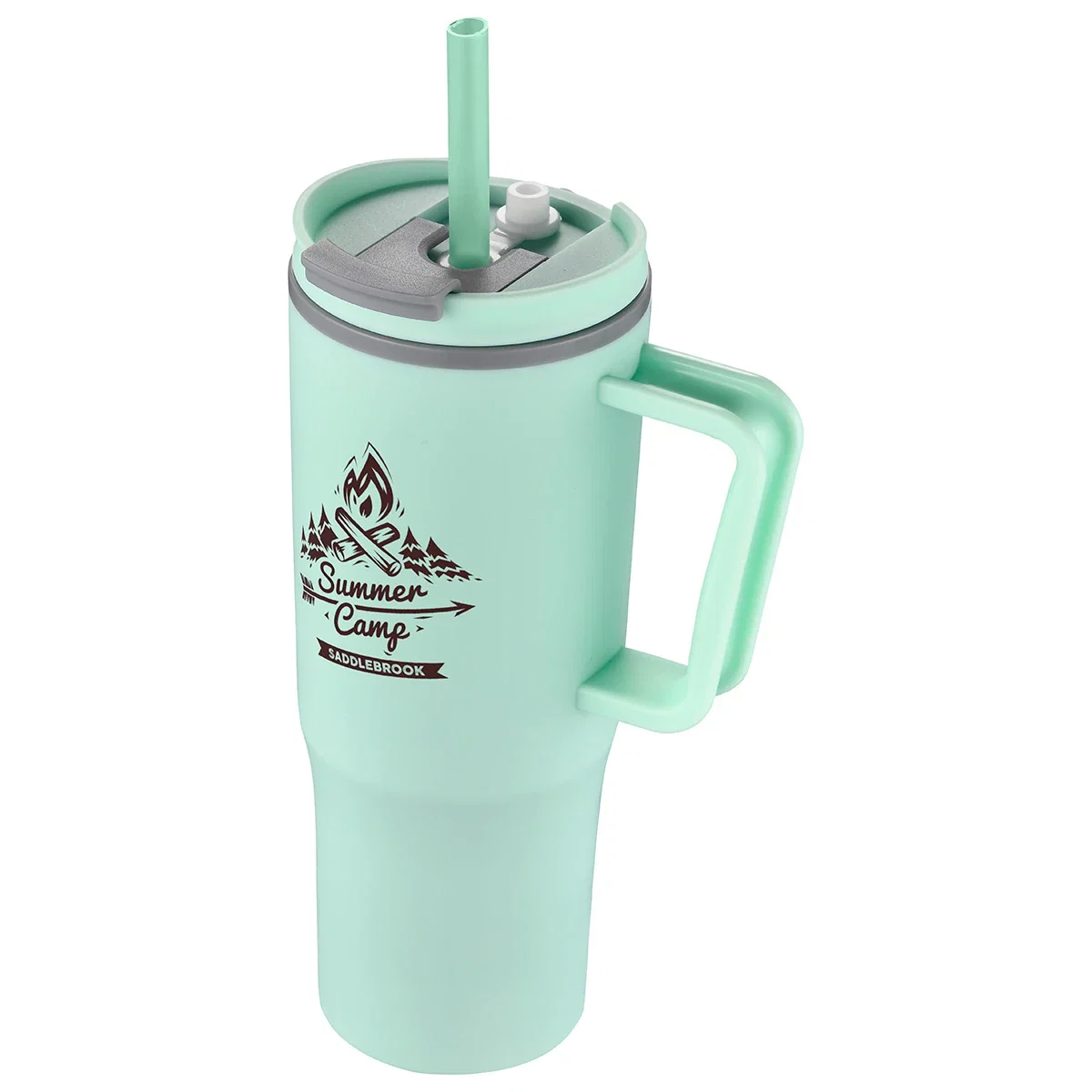 Angled view of the custom Sofia 30 oz polypropylene mug