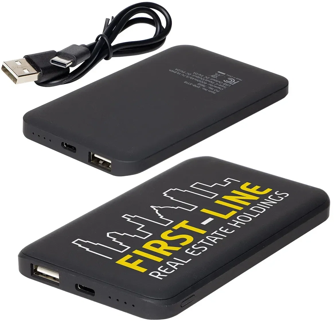 Soft-Touch 4000mAh power bank with rubber-coated body and custom logo, promotional branded charger