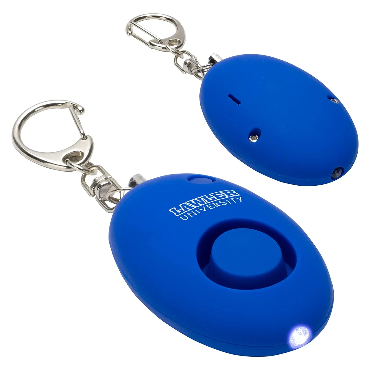 Custom Soft-Touch LED Light & Alarm Key Chain, front view of the branded key chain