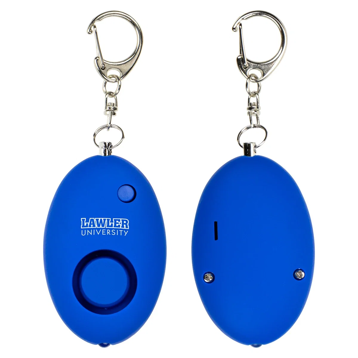 Soft-Touch LED Light & Alarm Key Chain shown from the front and back, highlighting the alarm button and battery panel