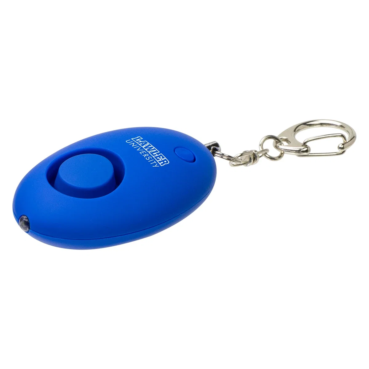 Close-up of the custom Soft-Touch LED Light & Alarm Key Chain's logo imprint area