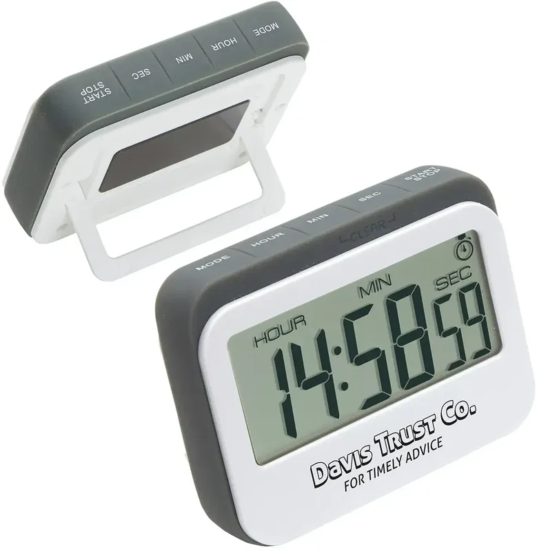 Custom branded kitchen timer held on a fridge by its magnetic back