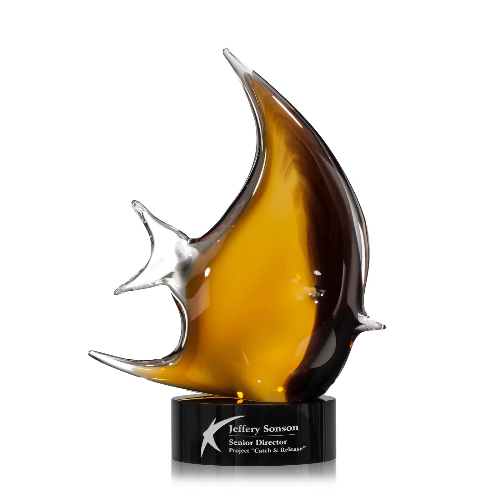 Custom Glass Fish Award on Black and Amber Base for employee recognition