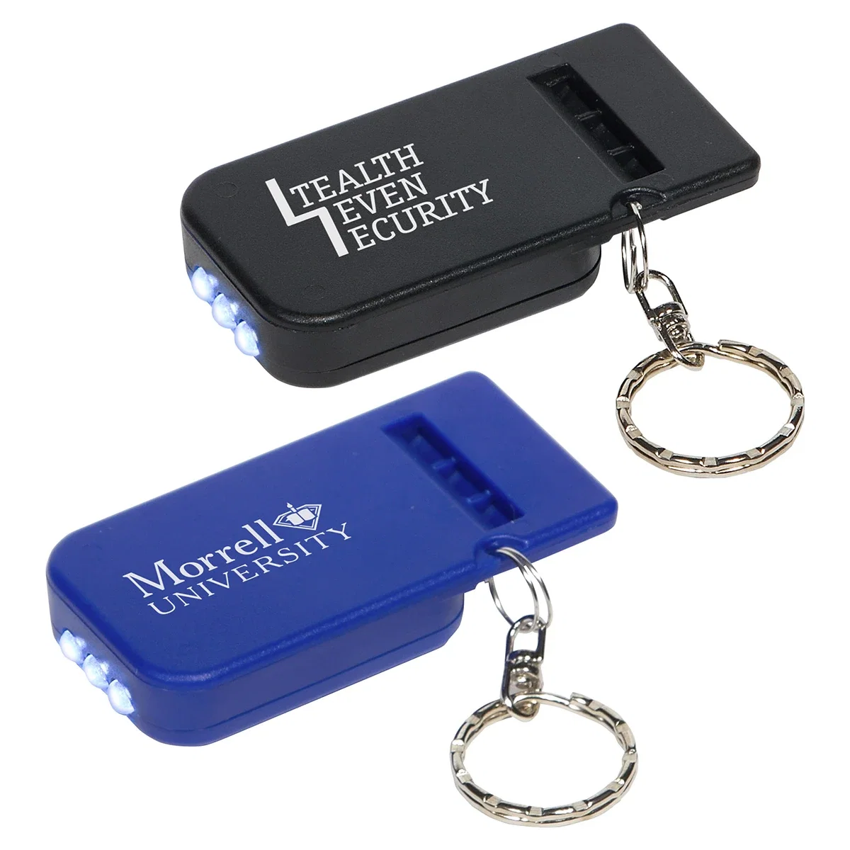 Solar powered LED light and whistle key chain with split ring on swivel