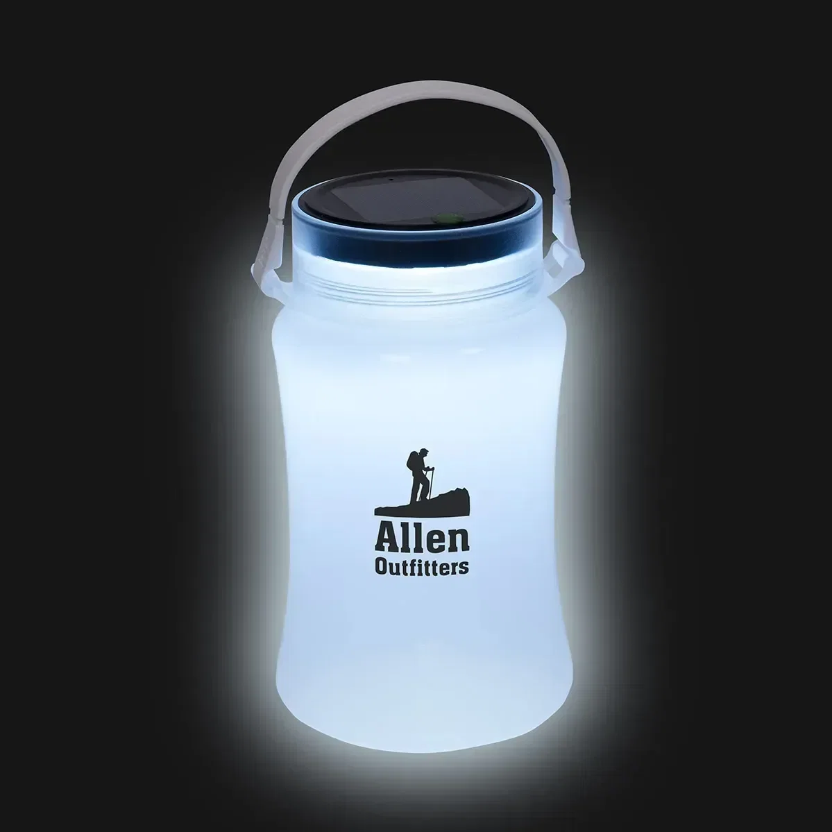Custom Solar-Tech Collapsible Waterproof Lantern, front view lit up and ready for use