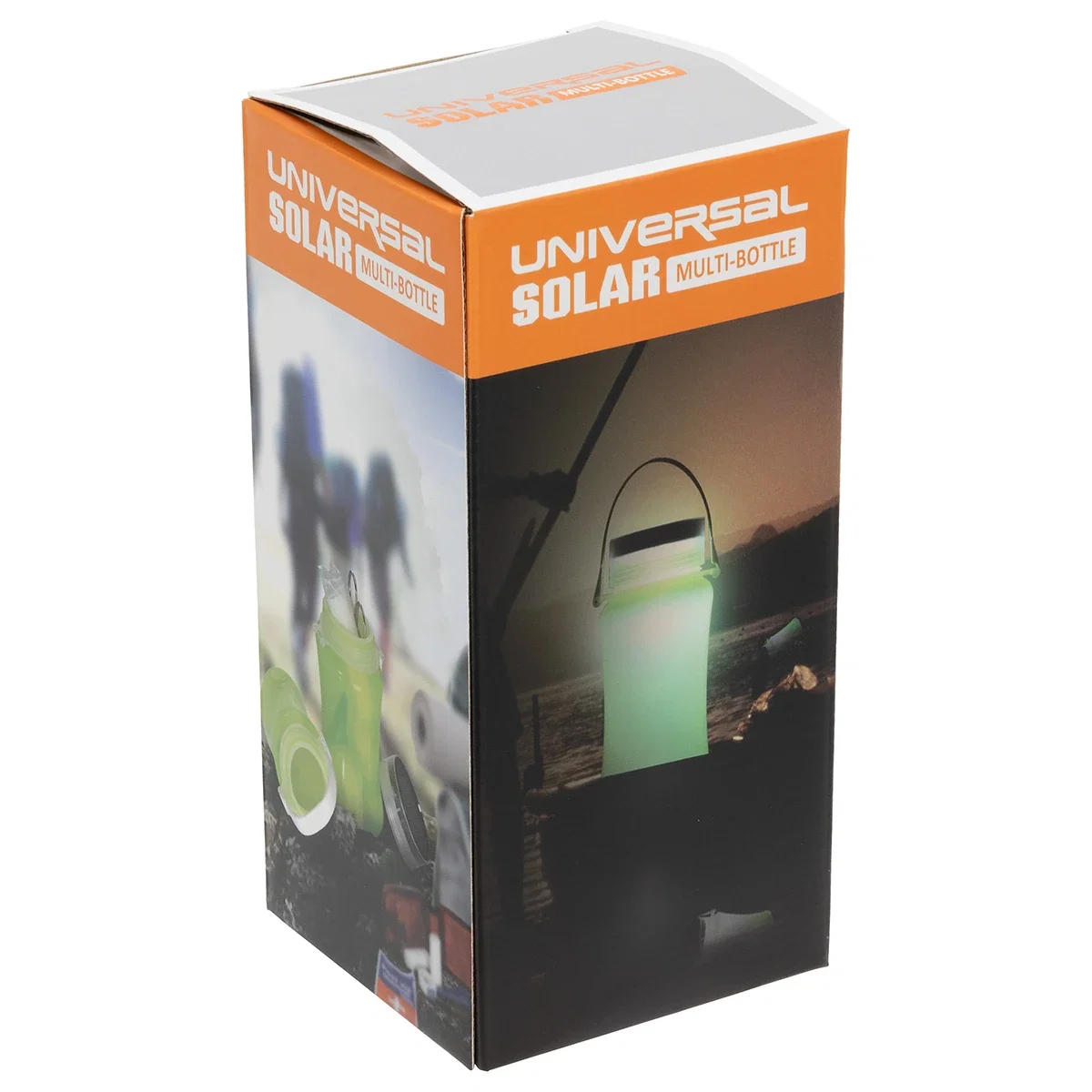 Promotional Solar-Tech Collapsible Waterproof Lantern shown in its retail packaging