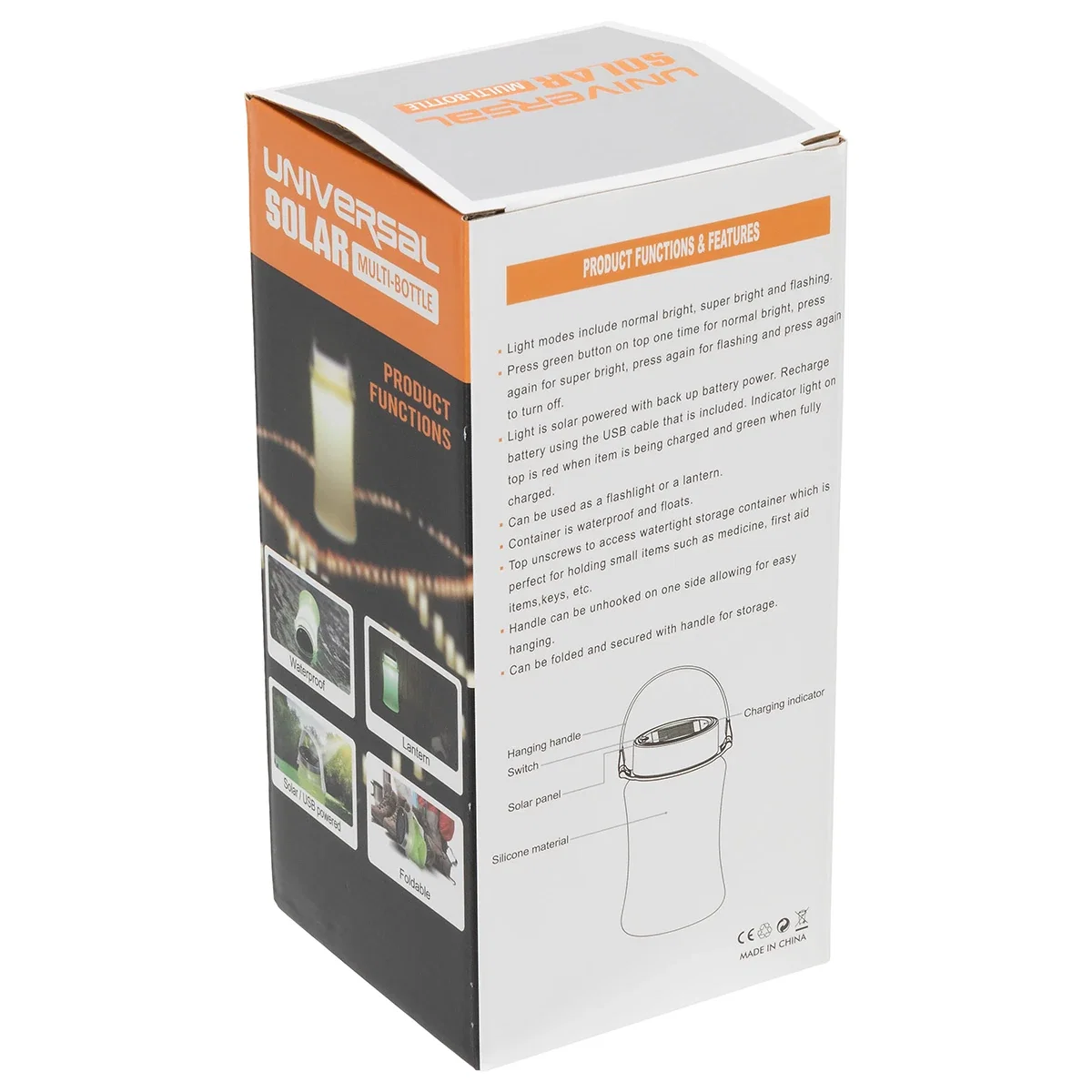 Back panel of the Solar-Tech Collapsible Waterproof Lantern packaging, listing product features
