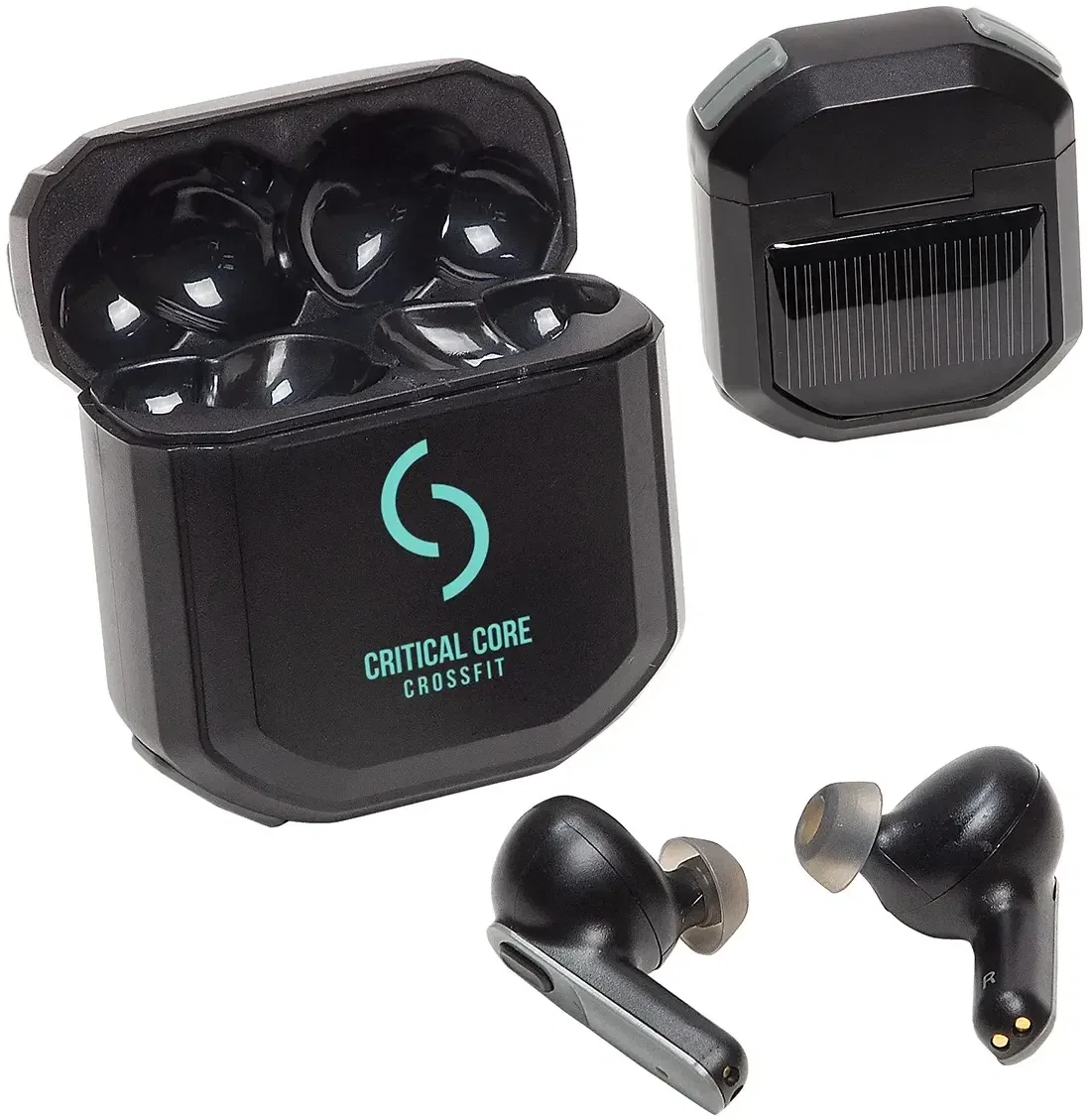 Custom SolarBuds solar-case wireless earbuds, front view of the branded charging case