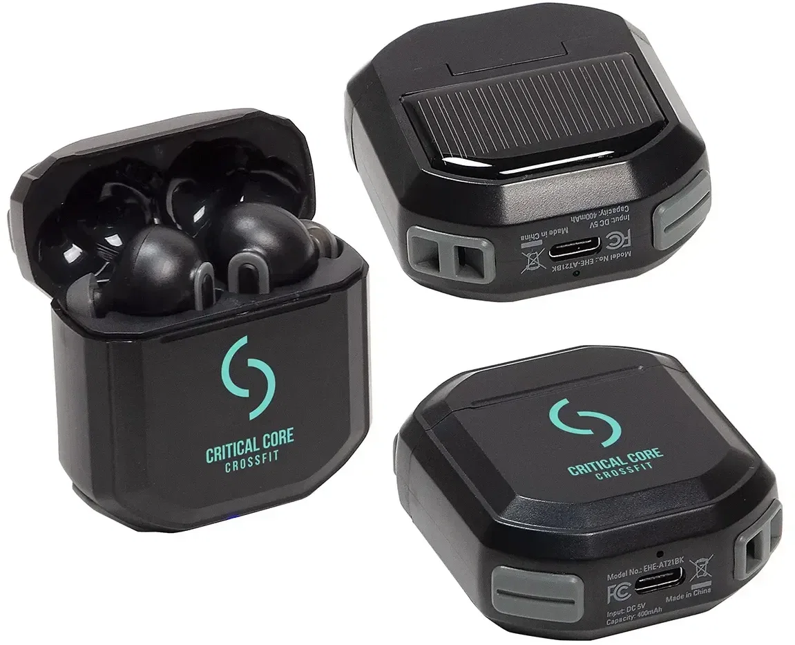 Promotional SolarBuds wireless earbuds detail, branded audio giveaway shot