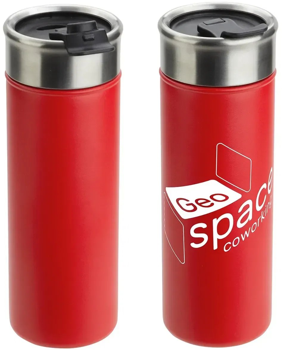 Solari promotional insulated tumbler, side view showing flip-top lid