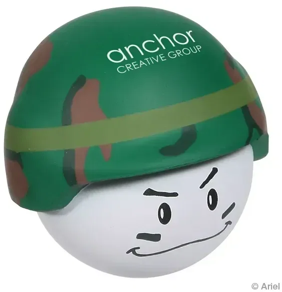 Custom Soldier Mad Cap Stress Reliever, close-up of promotional foam squeeze toy logo imprint area