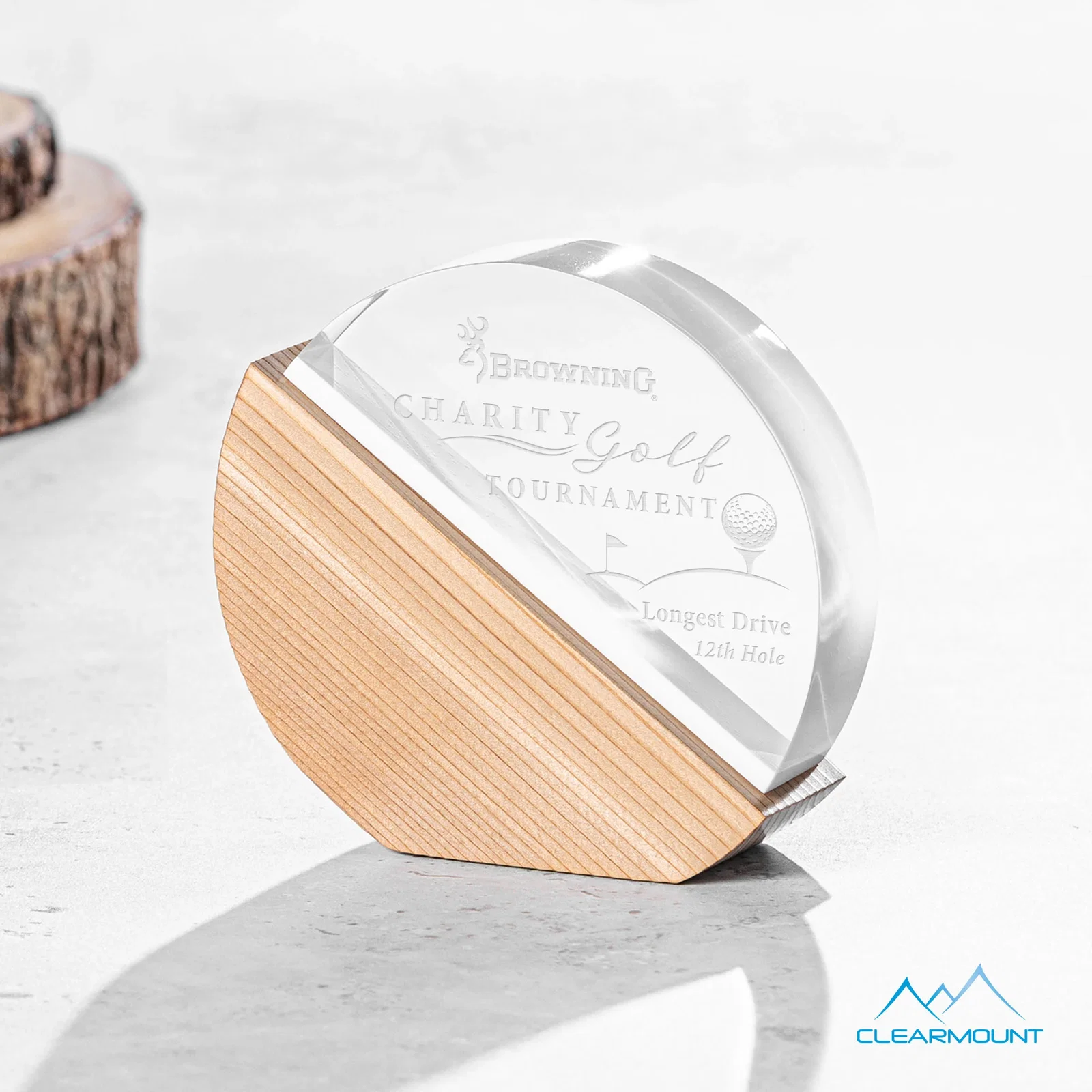 Custom Half Acrylic, Half Wood Circle Award with Dual Engraving for corporate award ceremonies