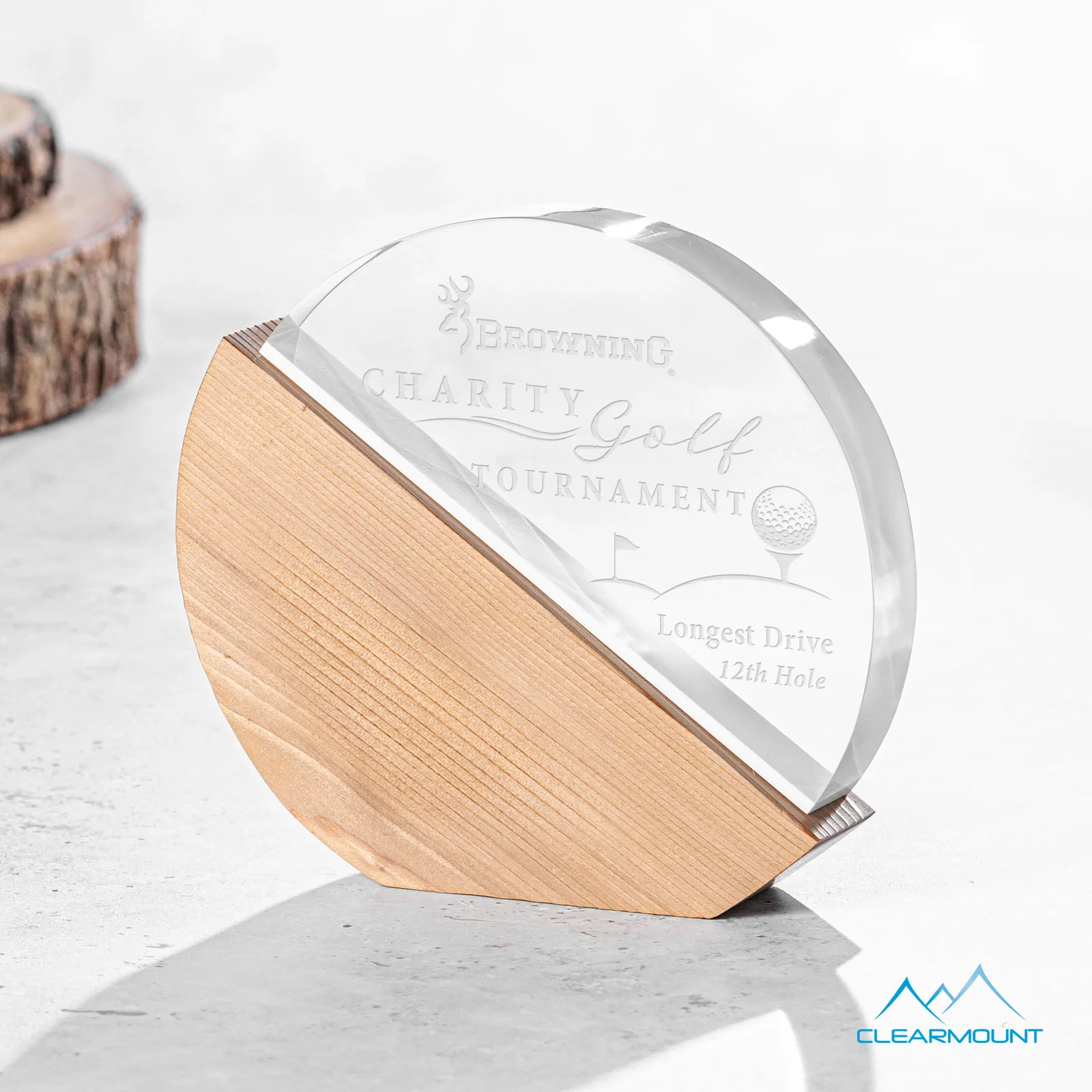 Custom Half Acrylic, Half Wood Circle Award with Dual Engraving for sales achievement awards