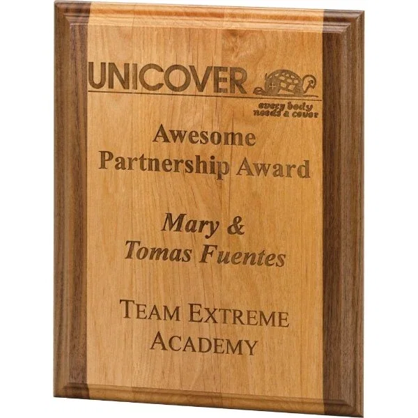 Solid walnut laser-engraved award plaque on genuine red alder wood with walnut edge