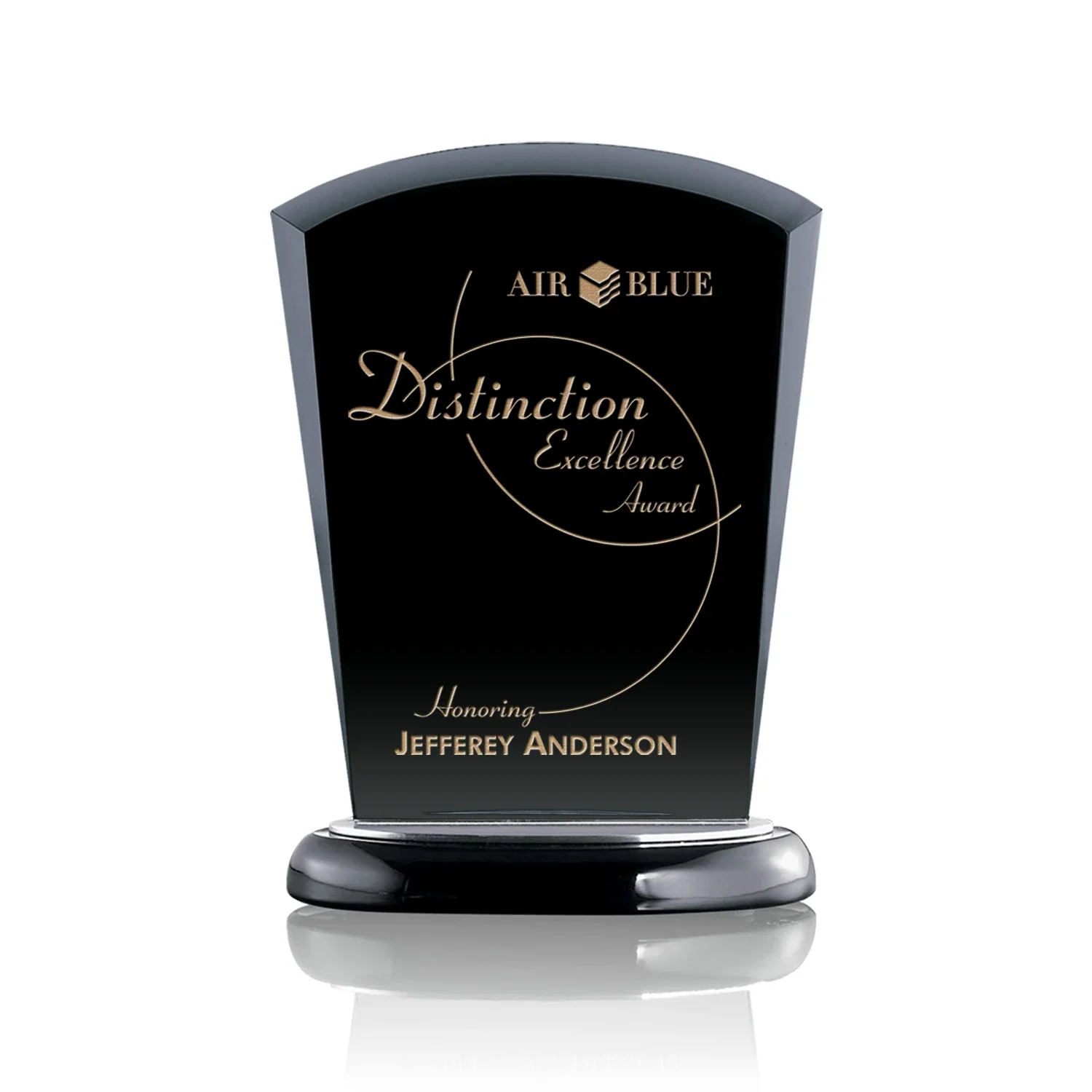 Custom Black Starfire Crystal Arch Award, Wood Base with Aluminum Accents for corporate award ceremonies