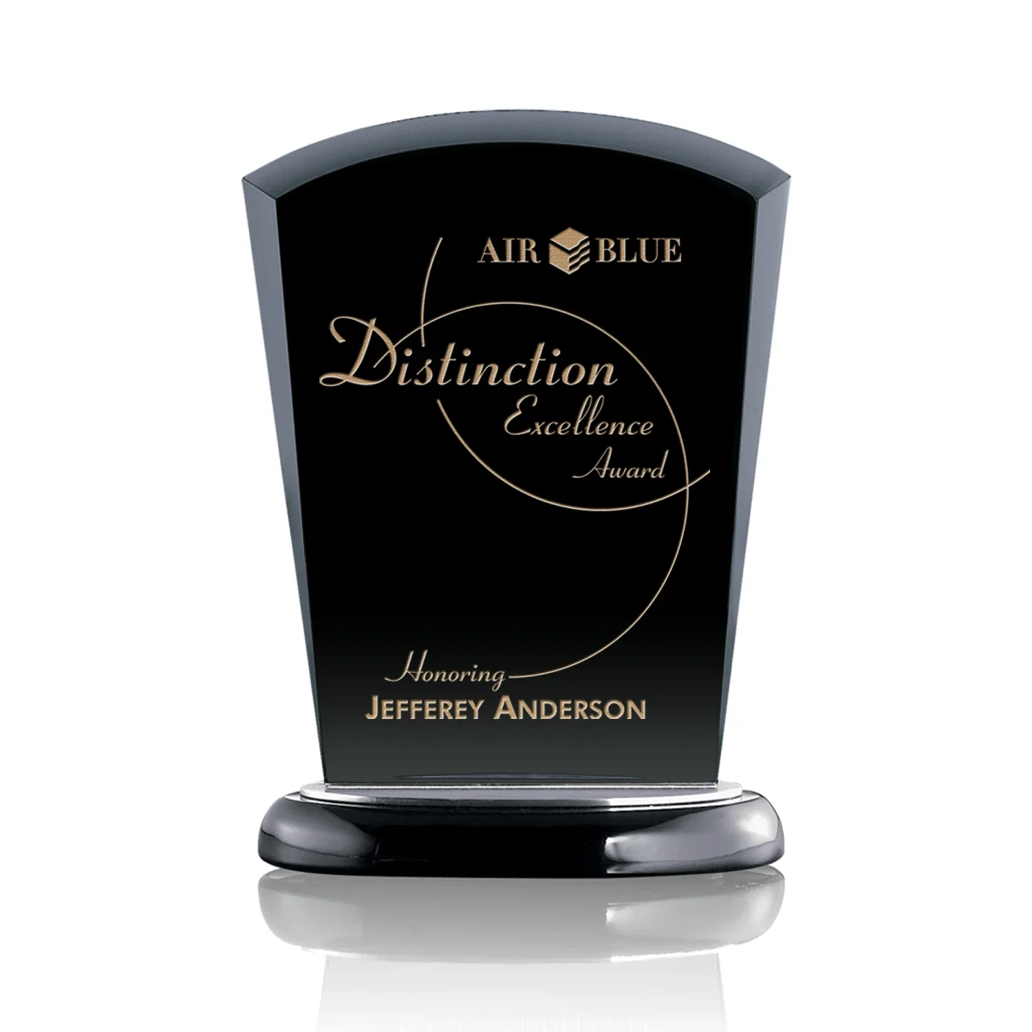 Custom Black Starfire Crystal Arch Award, Wood Base with Aluminum Accents for service anniversary gifts