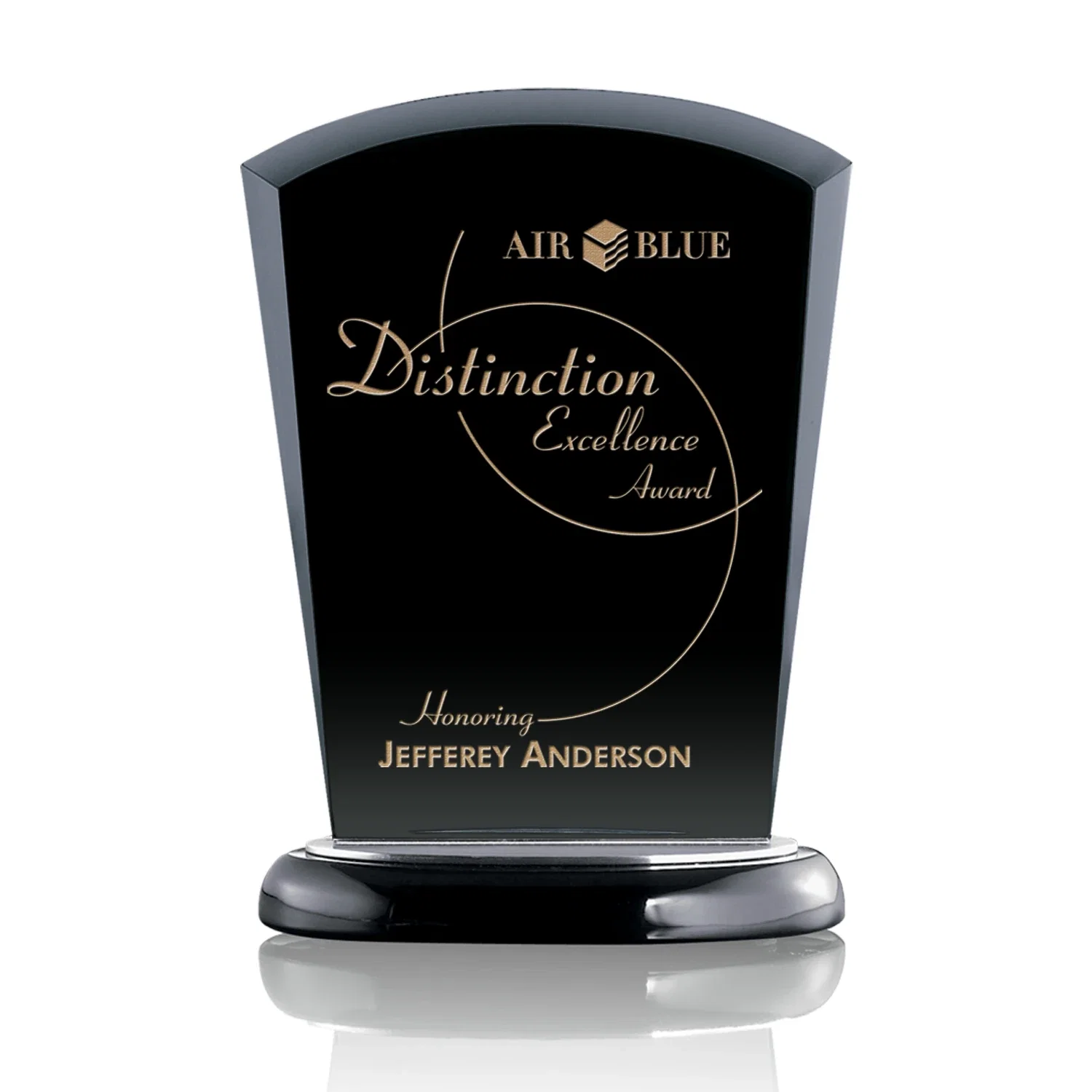 Custom Black Starfire Crystal Arch Award, Wood Base with Aluminum Accents for sales achievement awards