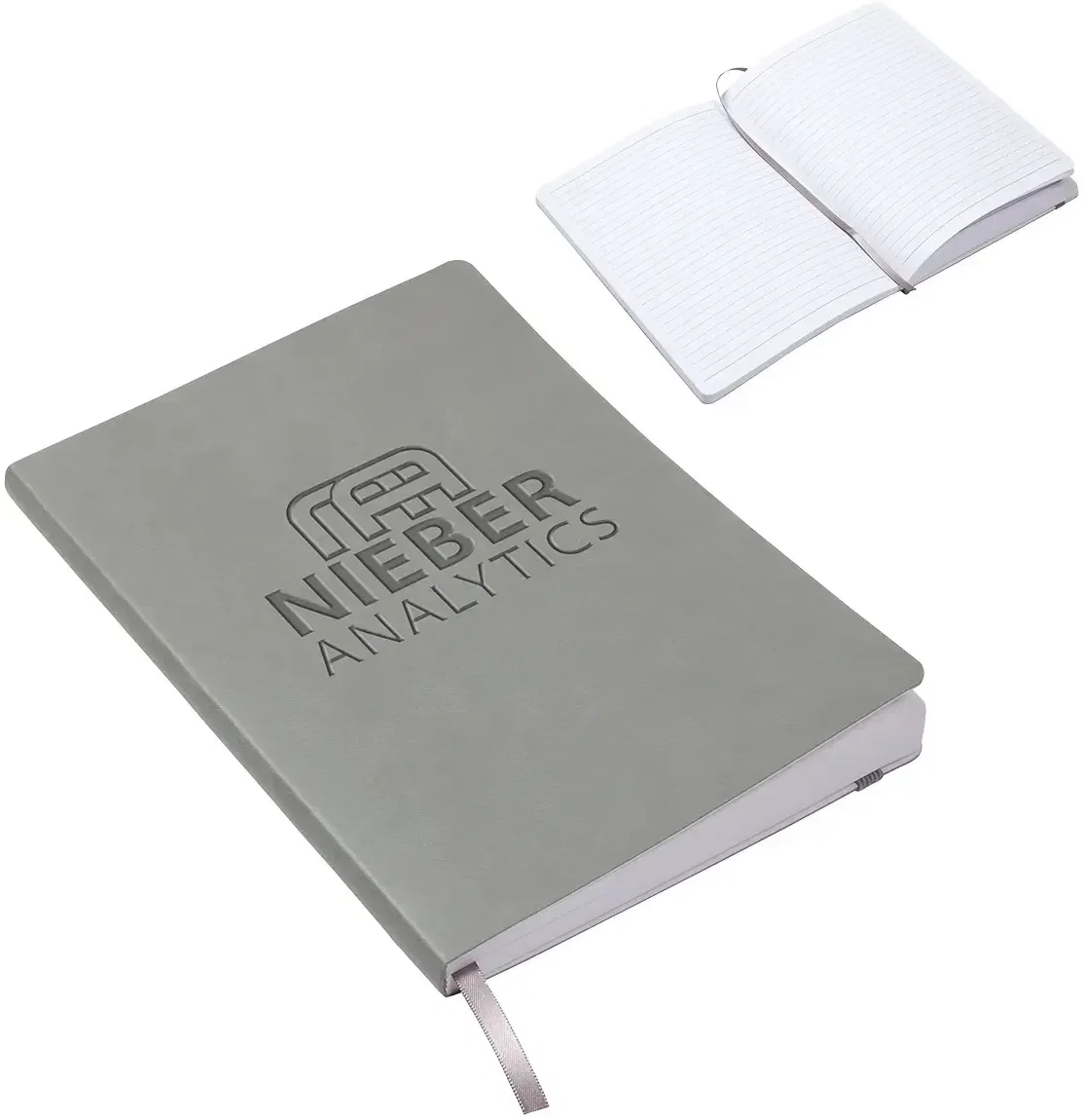 Branded leatherette journal open showing lined pages