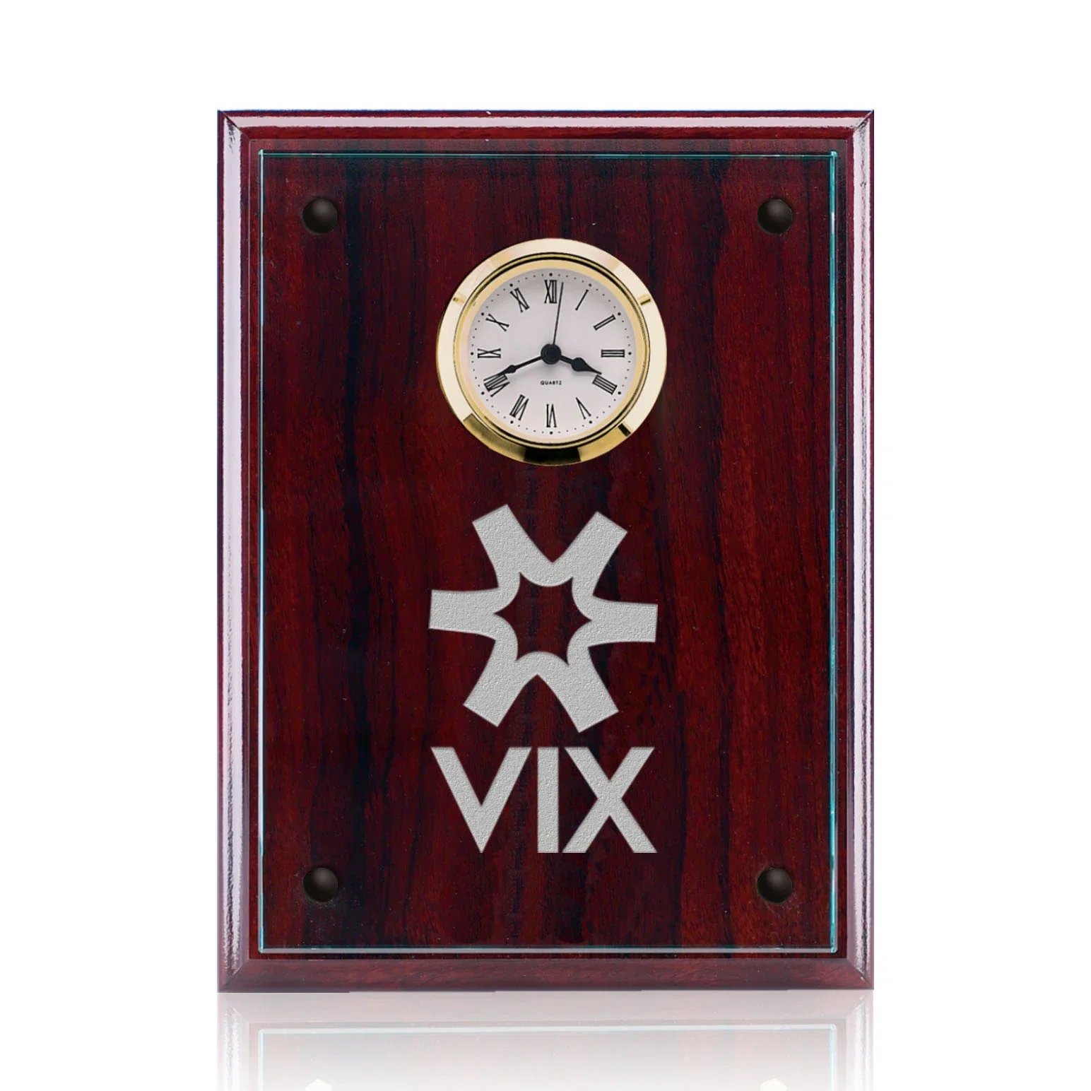 Custom Starfire Glass Wall Clock Plaque on Rosewood Backing for employee recognition