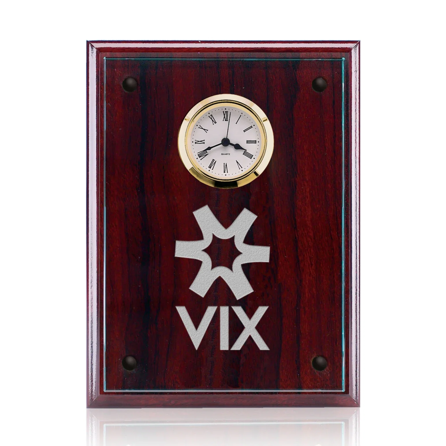 Custom Starfire Glass Wall Clock Plaque on Rosewood Backing for corporate award ceremonies