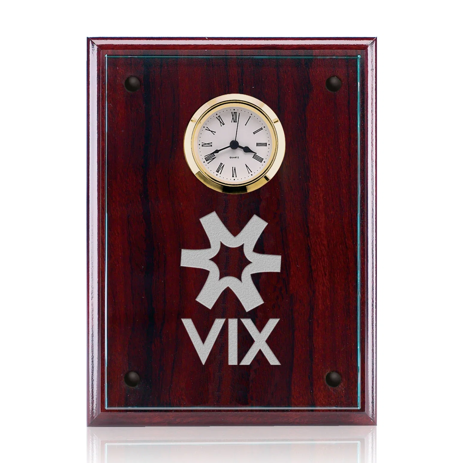 Custom Starfire Glass Wall Clock Plaque on Rosewood Backing for service anniversary gifts
