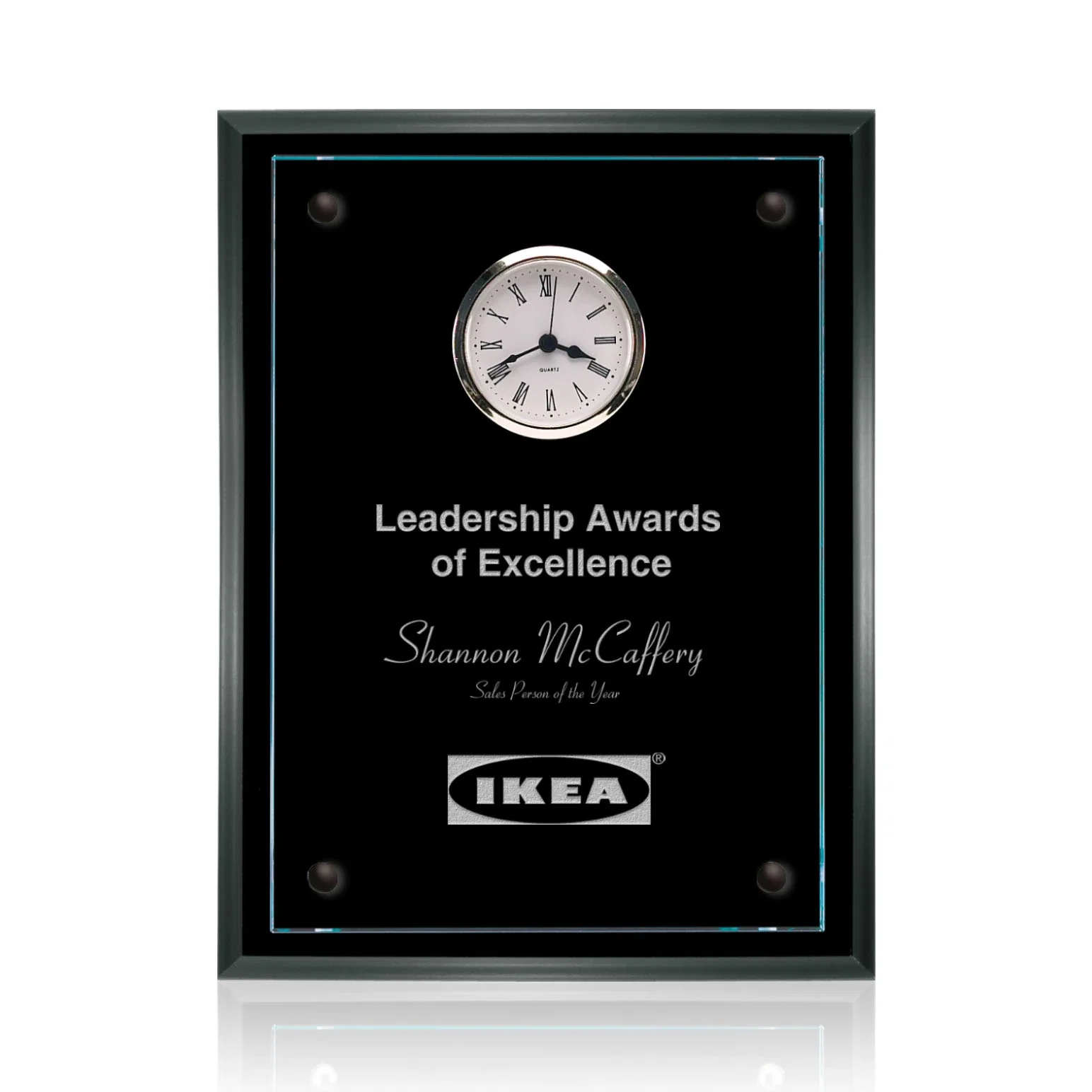 Custom Starfire Glass Wall Clock Plaque on Rosewood Backing for sales achievement awards