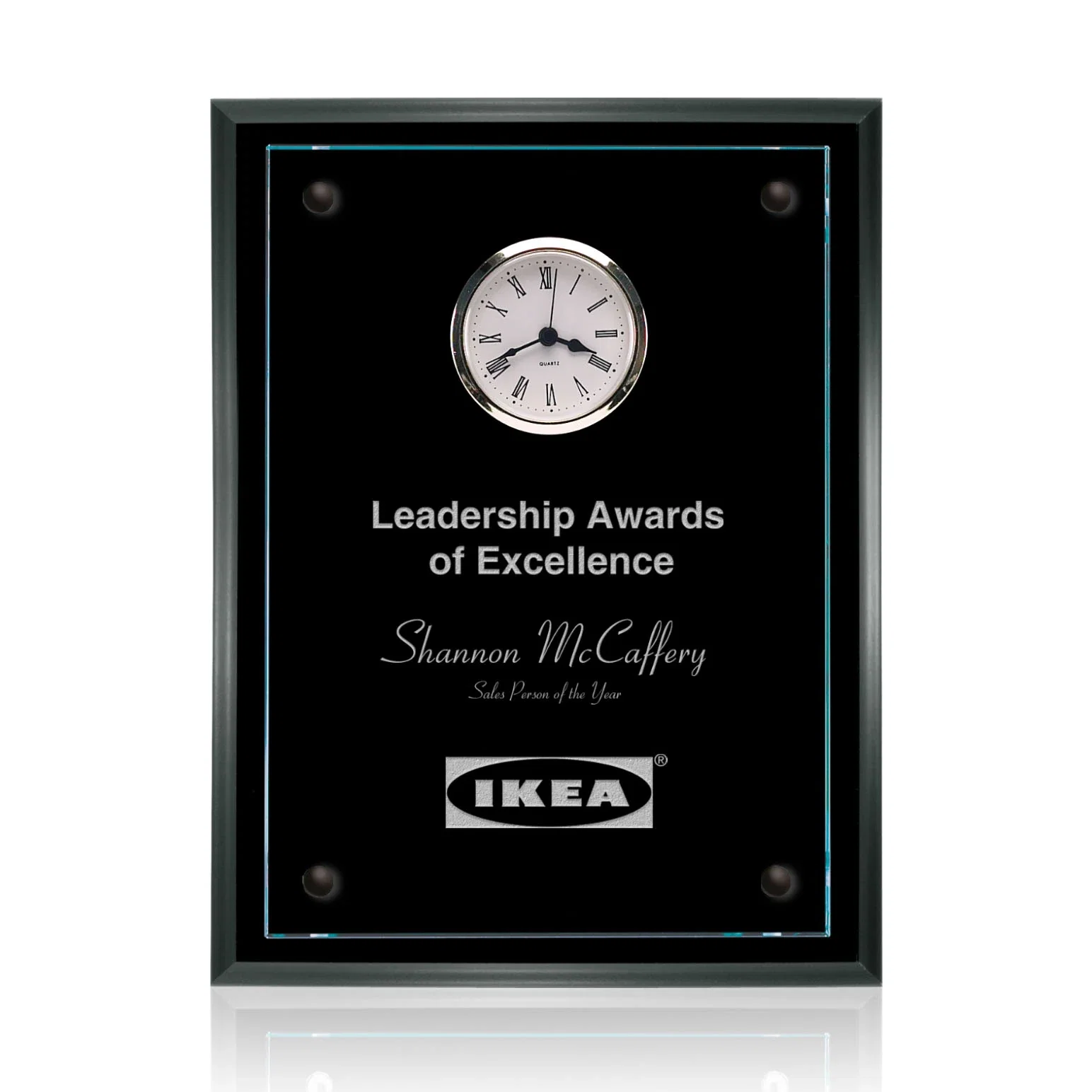 Custom Starfire Glass Wall Clock Plaque on Rosewood Backing for retirement presentations