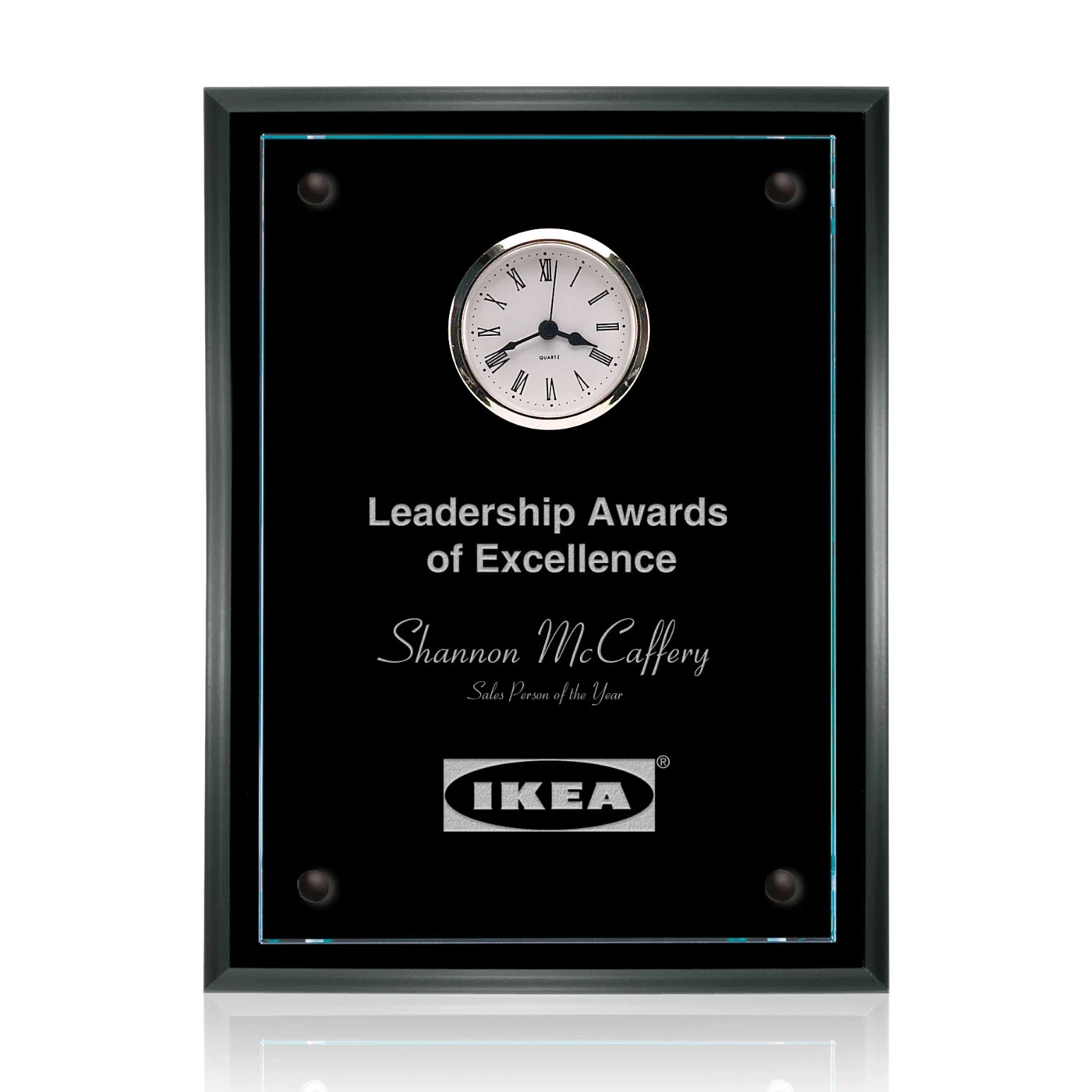 Custom Starfire Glass Wall Clock Plaque on Rosewood Backing for team milestone celebrations