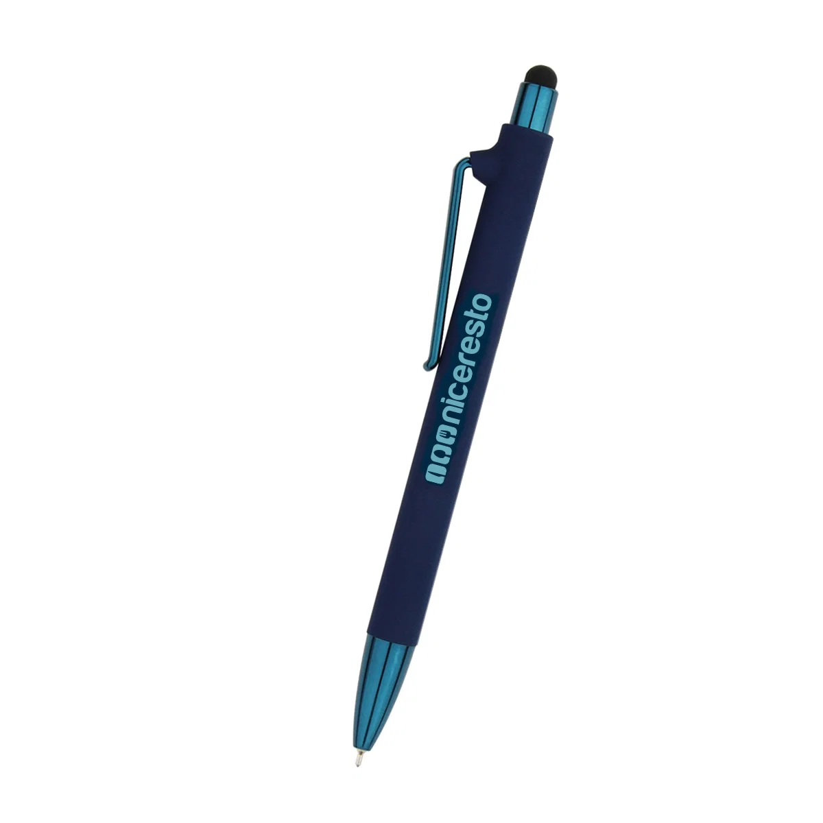 Rubberized click pen shown at its full length