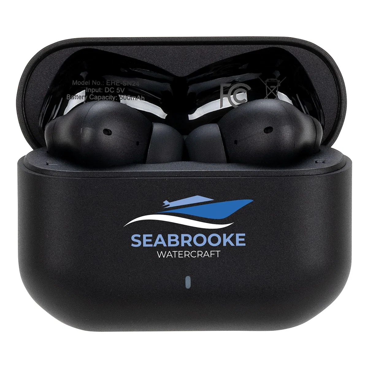 Custom branded Sonoro earbuds, open charging case detail